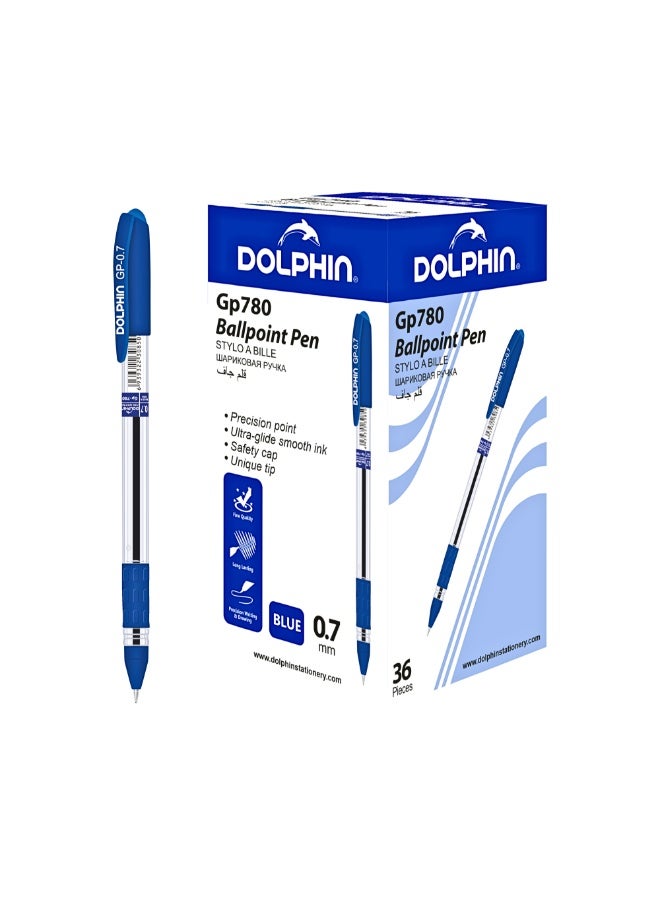 Dolphin GP780 Ballpoint Pens 0.7mm, Pack of 36 – Comfortable Grip, Smooth Writing Blue Ink Ball Pens, Long Writing Office & School Pens blue - Image 1