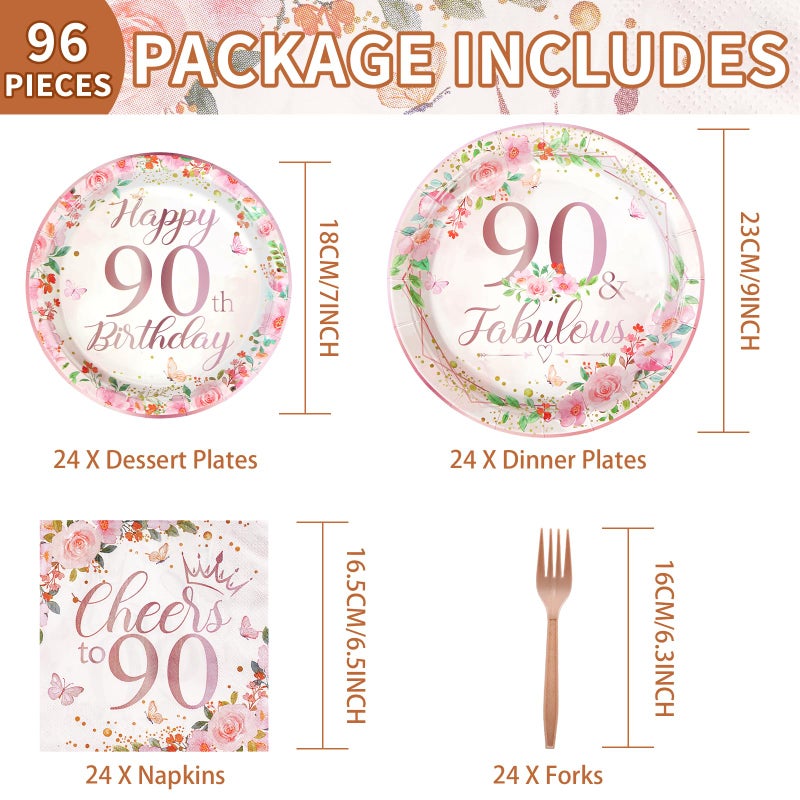 Grencian 96 Pcs 90th Birthday Party Decorations for Women Rose Gold Floral 90th Birthday Plates and Napkins Tableware Sets 90 and Fabulous Party Supplies for 90 Years Old Birthday Party Favors Serves 24 - Image 2