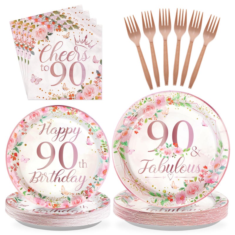 Grencian 96 Pcs 90th Birthday Party Decorations for Women Rose Gold Floral 90th Birthday Plates and Napkins Tableware Sets 90 and Fabulous Party Supplies for 90 Years Old Birthday Party Favors Serves 24 - Image 1