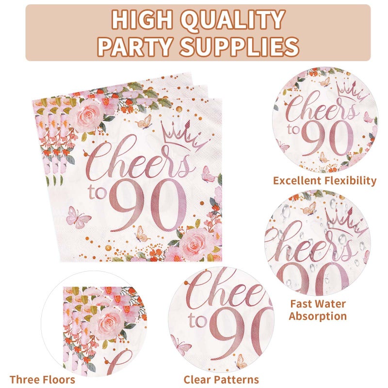 Grencian 96 Pcs 90th Birthday Party Decorations for Women Rose Gold Floral 90th Birthday Plates and Napkins Tableware Sets 90 and Fabulous Party Supplies for 90 Years Old Birthday Party Favors Serves 24 - Image 4
