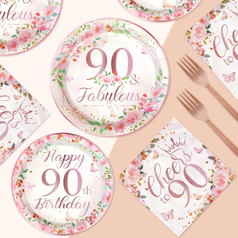 Grencian 96 Pcs 90th Birthday Party Decorations for Women Rose Gold Floral 90th Birthday Plates and Napkins Tableware Sets 90 and Fabulous Party Supplies for 90 Years Old Birthday Party Favors Serves 24 - Image 5