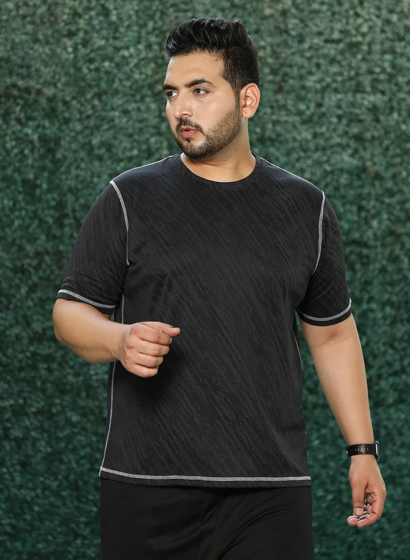 انستافاب بلس Instafab Plus Men's Onyx Black Plash-Imprint Activewear T-Shirt For Casual Wear | Round Neck | Short Sleeves | Pull On Closure | Plus Size Jersey T-Shirt Crafted With Comfort Fit For Everyday Wear