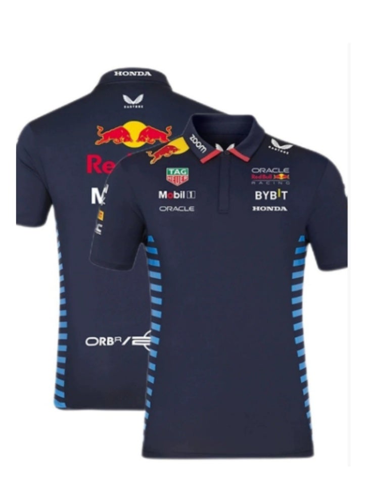 Red Bull قميص بولو رسمي من ريد بُل ريسينغ باللون الأزرق الداكن مع شعارات رعاة متعددة وخطوط جانبية مميزة--L - Image 1