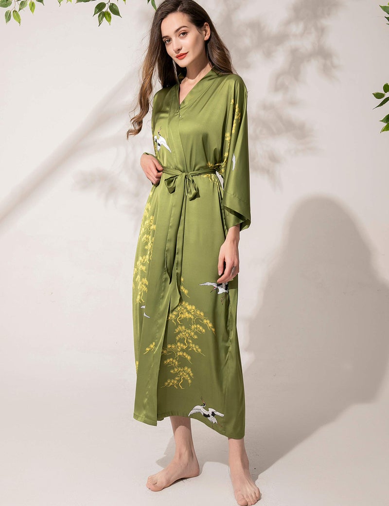 Aensso long soft silk y kimono robes for women, olive green floral lightweight wedding robe - Image 5