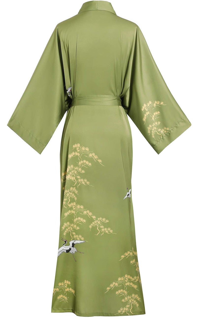Aensso long soft silk y kimono robes for women, olive green floral lightweight wedding robe - Image 2