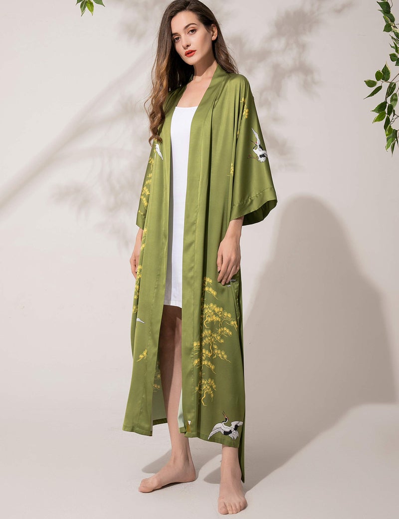 Aensso long soft silk y kimono robes for women, olive green floral lightweight wedding robe - Image 4