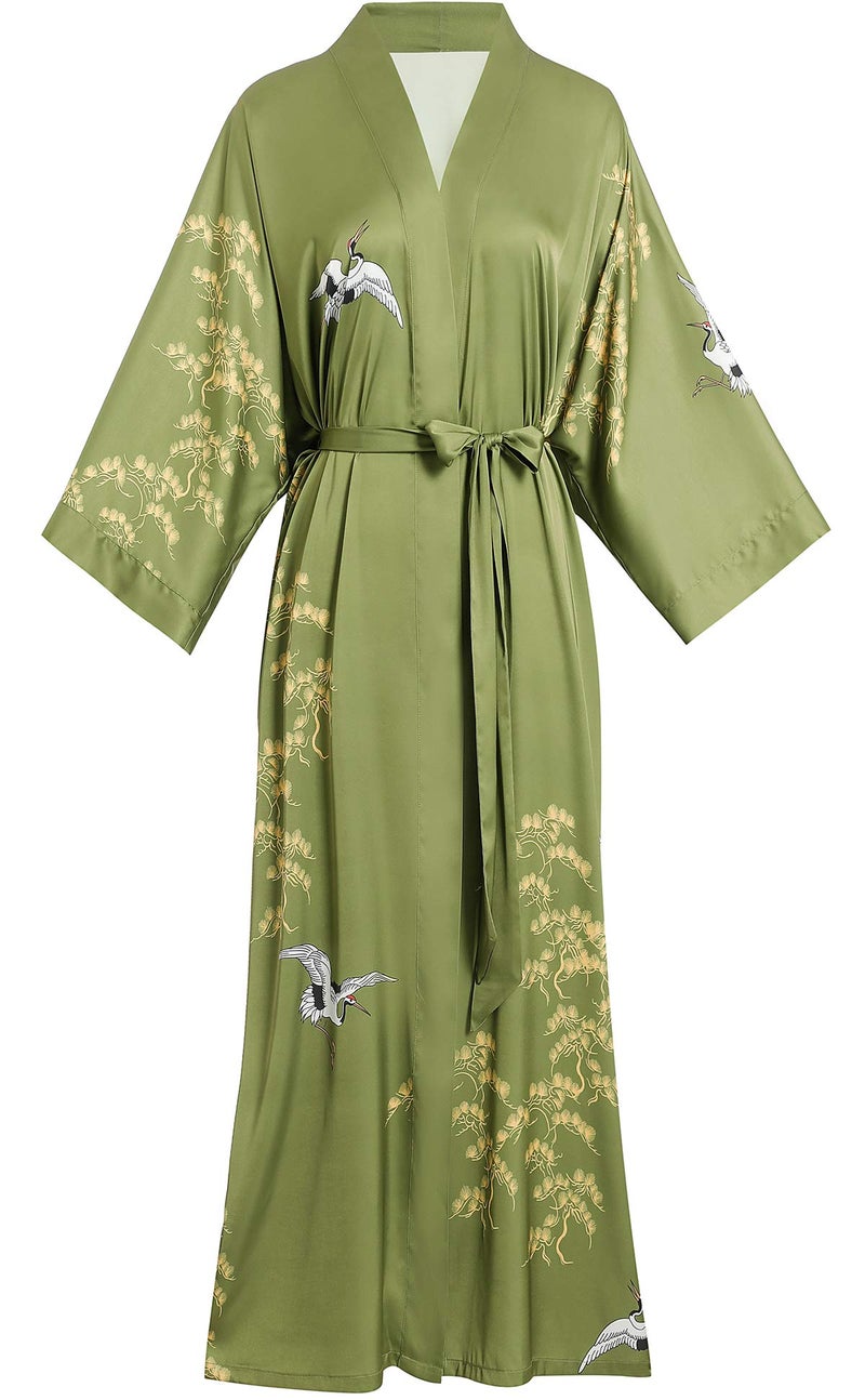 Aensso long soft silk y kimono robes for women, olive green floral lightweight wedding robe - Image 1