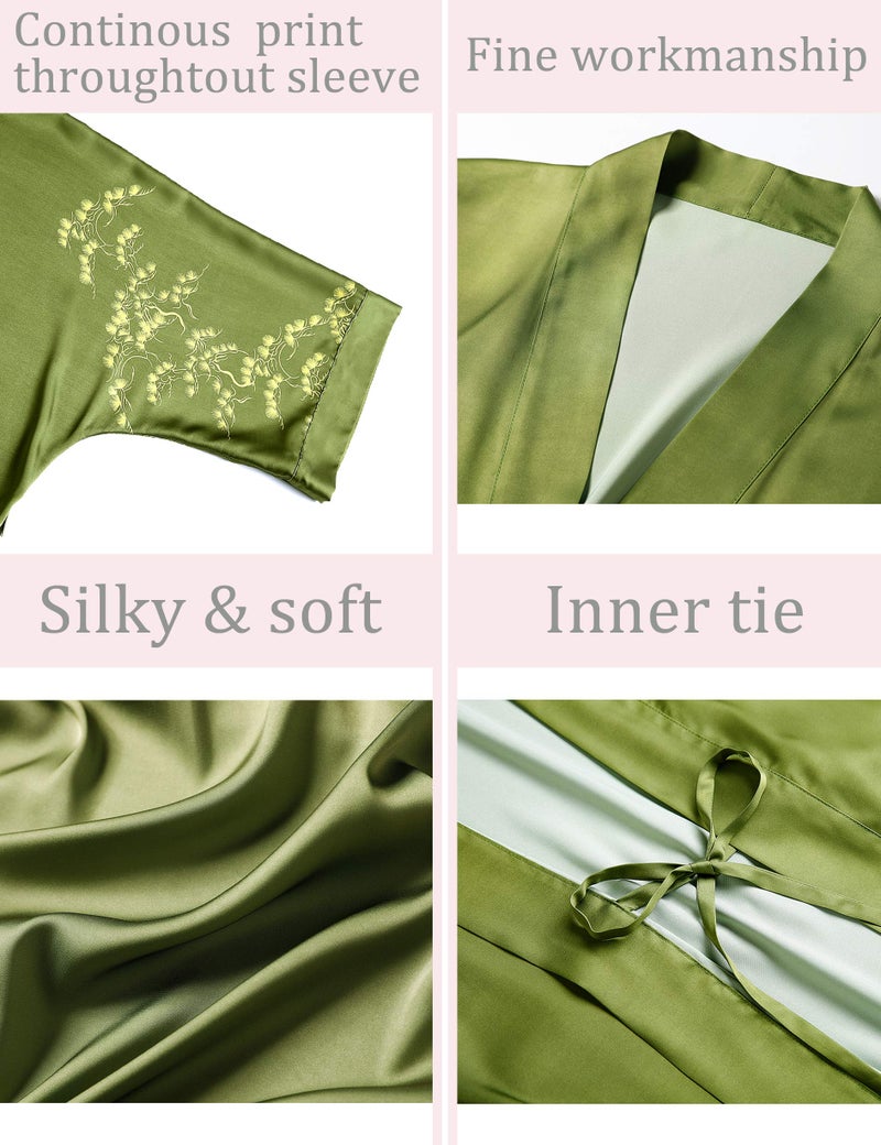Aensso long soft silk y kimono robes for women, olive green floral lightweight wedding robe - Image 3