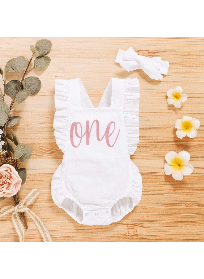 Shalofer Baby Girls First Birthday Outfit One Year Old Birthday Romper Cute Backless Ruffles Jumpsuit with Headband (White,6-12 Months) - Image 4