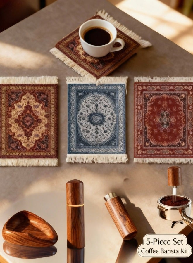 ZAFRA 5-Piece Espresso & Coffee Accessories Kit with Coffee Needle Distributor (WDT Tool) for Breaking Clumps, Coffee Bean Dosing Tray, and 3 Persian Carpet Fabric Coasters with Rubber Backing for Coffee Table - Professional Barista Tools & Perfect Gift - Image 1