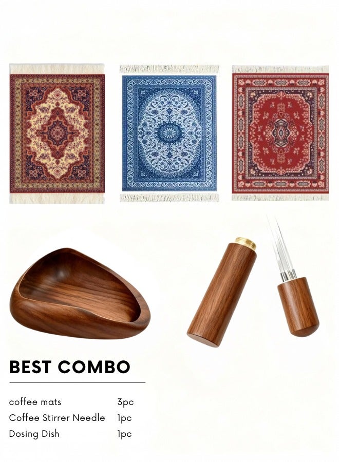 ZAFRA 5-Piece Espresso & Coffee Accessories Kit with Coffee Needle Distributor (WDT Tool) for Breaking Clumps, Coffee Bean Dosing Tray, and 3 Persian Carpet Fabric Coasters with Rubber Backing for Coffee Table - Professional Barista Tools & Perfect Gift - Image 2