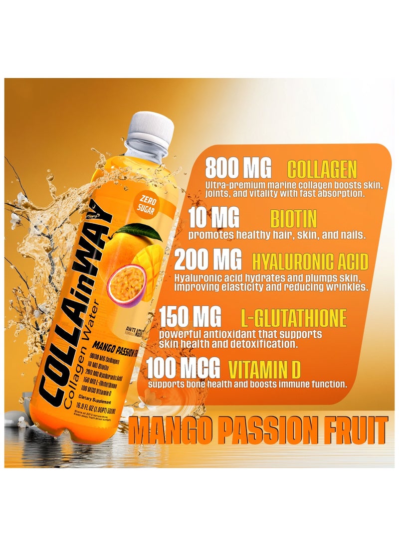 COLLAinWay - COLLAinWay Collagen Drink 8000mg Mango Passion Fruit - Zero Sugar , Biotin, Hyaluronic Acid, L-Glutathione, Vitamin D - Support Hair, Skin, Nail & Bone Health, Anti-Aging Hydrating Beauty Beverage - Pack of 12 - Image 1