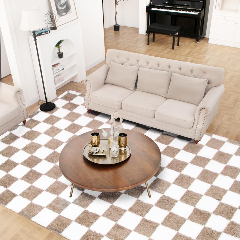 TOOHUB Super Soft Rug for Bedroom  Area Rug Classic Checkered Shaggy Rug Anti-Skid High Pile Soft Fluffy Rug Fuzzy Carpet for Living Room Bedroom Kids Room Nursery  Dorm Home Decor (Beige and White  4x6ft) - Image 1