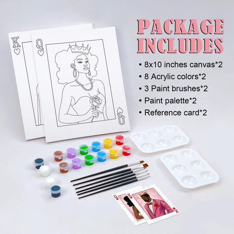 Nuberlic Couples Date Night Painting Kit Playing Card Sip and Paint Kit for Adults Pre Drawn Canvas for Painting for Adult Love Couple Pre Drawn Stretched Canvas Kit Art Set 2 Pack 8"x10" - Image 5