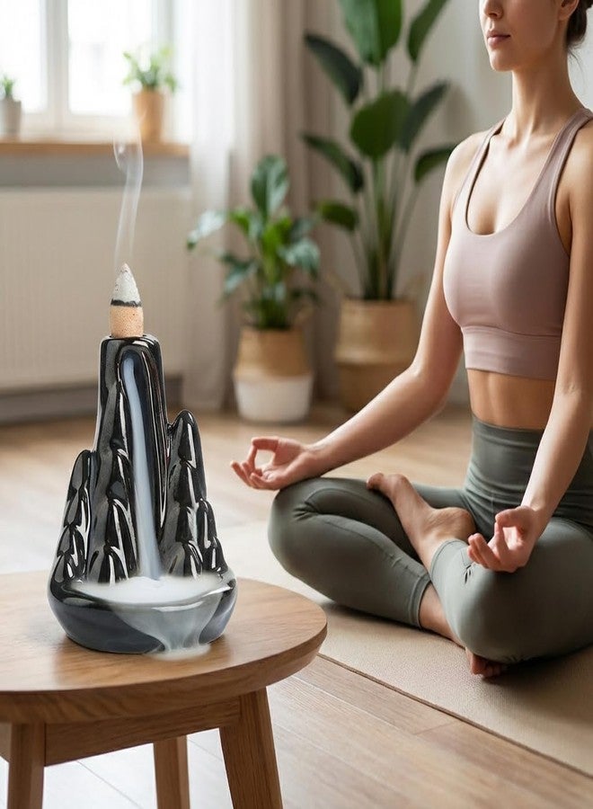 حامل بخور سيراميكي مصنوع يدويًا بتصميم شلال - زينة مبخرة بخور، نافورة علاج عطري بتصميم جبلي لتزيين المنزل، واليوغا، والتأمل، والمكتب، هدايا زن فريدة (أسود) - Image 4