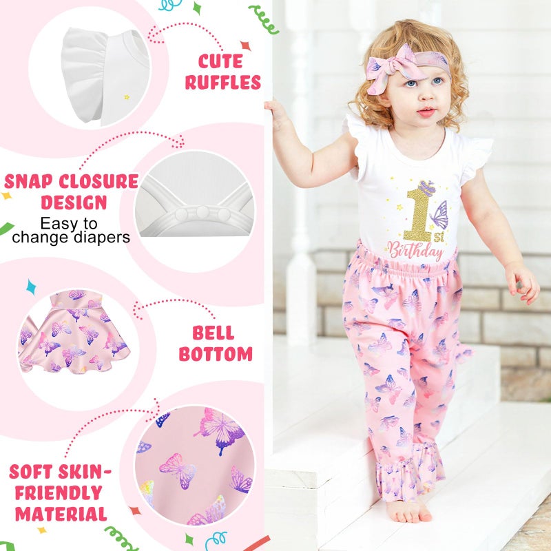 Chicingyou Baby 1st Birthday Outfit Girl One Year Old Clothes Butterfly Romper Flared Pant Headband Set for Little Girl Gifts(6-12 Months) - Image 3
