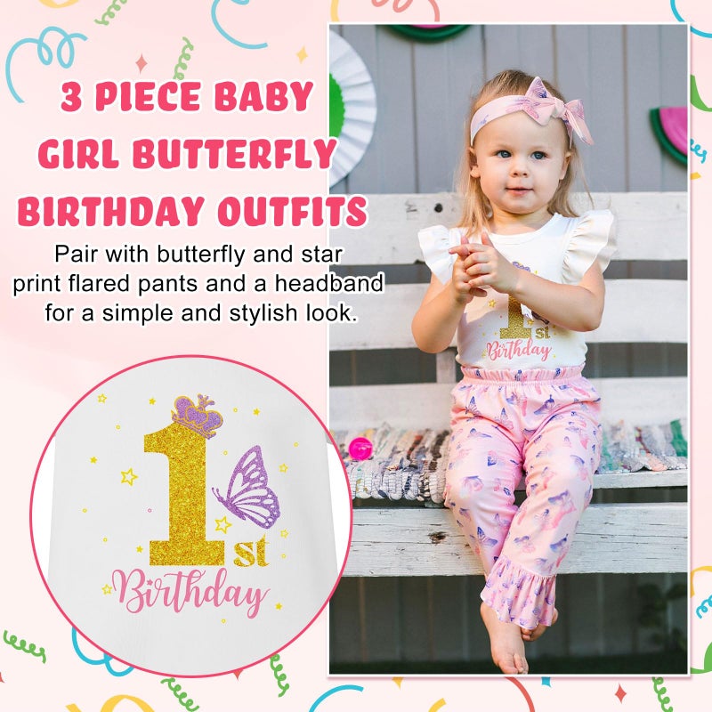Chicingyou Baby 1st Birthday Outfit Girl One Year Old Clothes Butterfly Romper Flared Pant Headband Set for Little Girl Gifts(6-12 Months) - Image 5