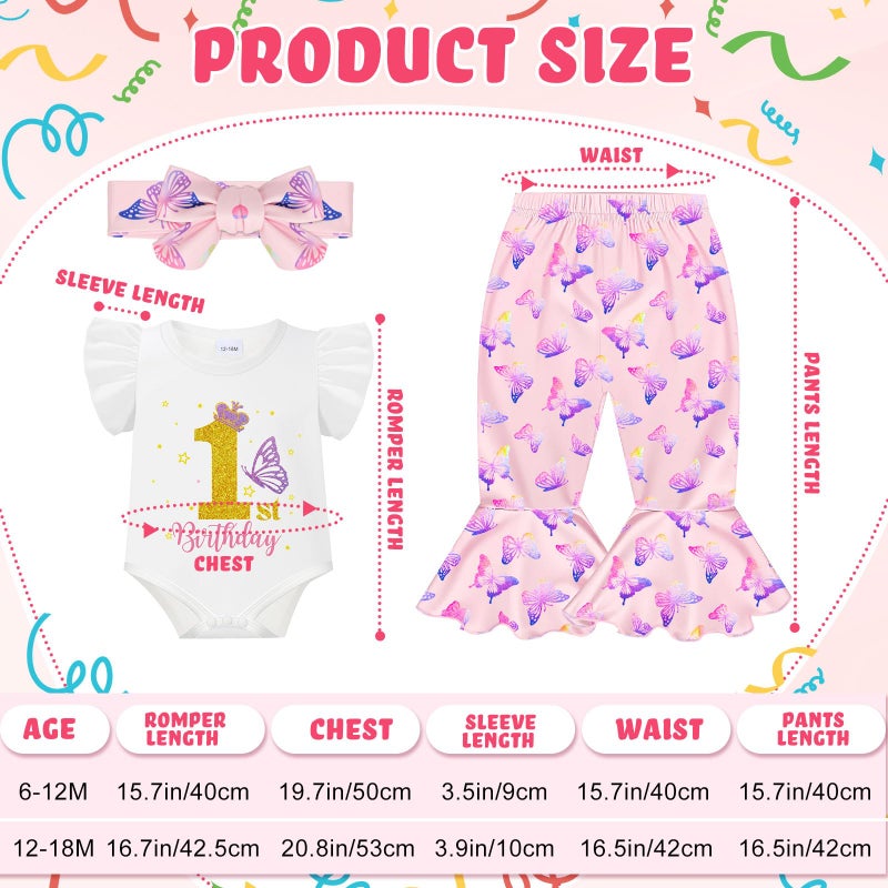 Chicingyou Baby 1st Birthday Outfit Girl One Year Old Clothes Butterfly Romper Flared Pant Headband Set for Little Girl Gifts(6-12 Months) - Image 2