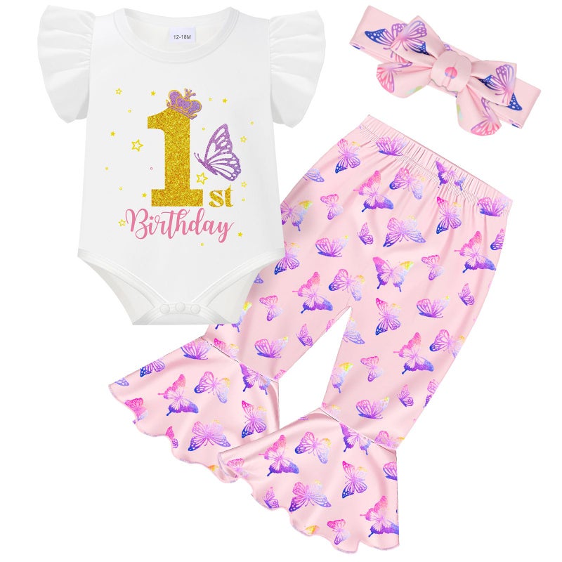 Chicingyou Baby 1st Birthday Outfit Girl One Year Old Clothes Butterfly Romper Flared Pant Headband Set for Little Girl Gifts(6-12 Months) - Image 1