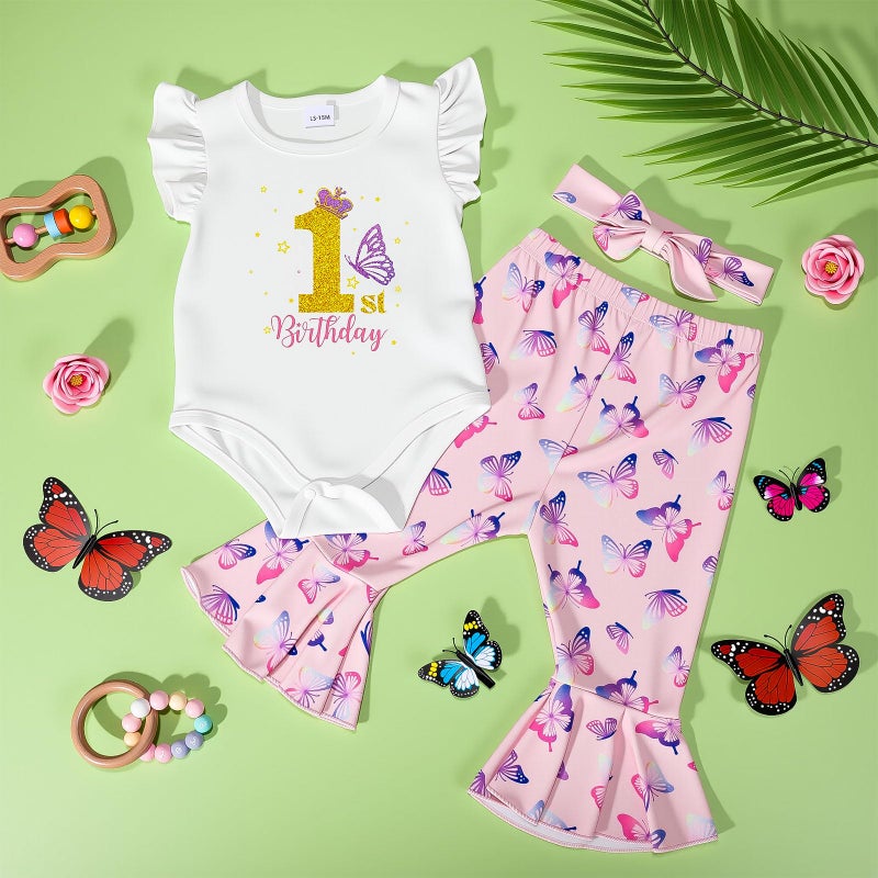 Chicingyou Baby 1st Birthday Outfit Girl One Year Old Clothes Butterfly Romper Flared Pant Headband Set for Little Girl Gifts(6-12 Months) - Image 4
