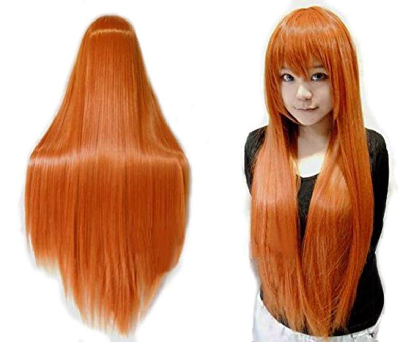 ANOGOL Hair Cap32 in 80 cm Long Straight Orange Wig with Bangs Synthetic Hair Peluca Naranja Cosplay Wigs for Anime Cosplay Wig Long Ginger Wigs with Bangs for Halloween Women Ginger Costume Wigs