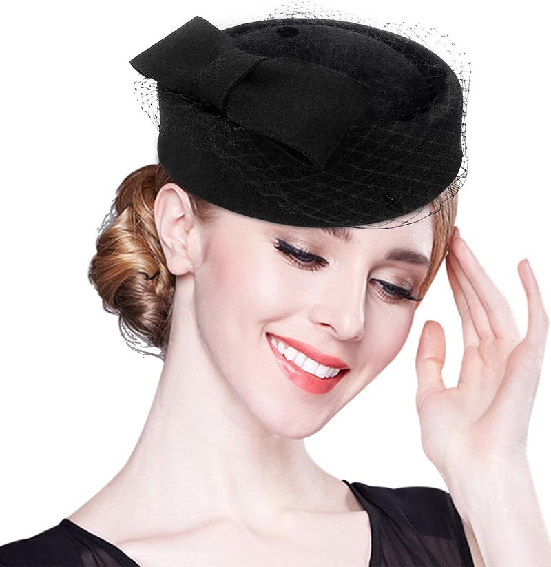ZX British Vintage Wool Felt Pillbox Hat Ladies Church Derby Winter Fascinator Hat Veil Flower Fedoras - Image 4