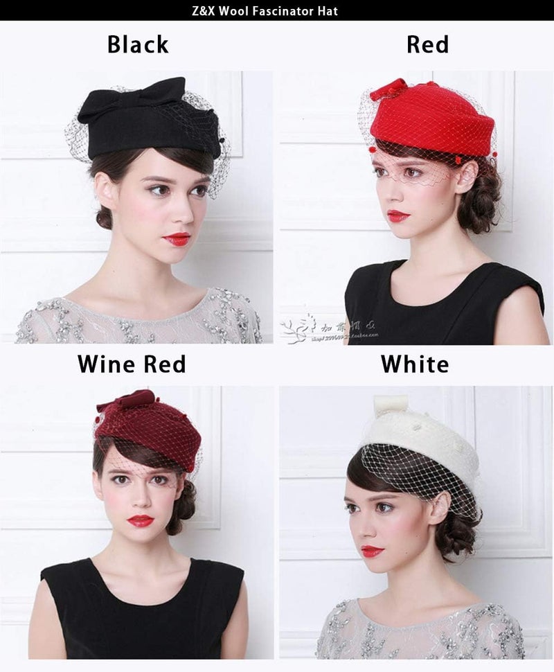 ZX British Vintage Wool Felt Pillbox Hat Ladies Church Derby Winter Fascinator Hat Veil Flower Fedoras - Image 2