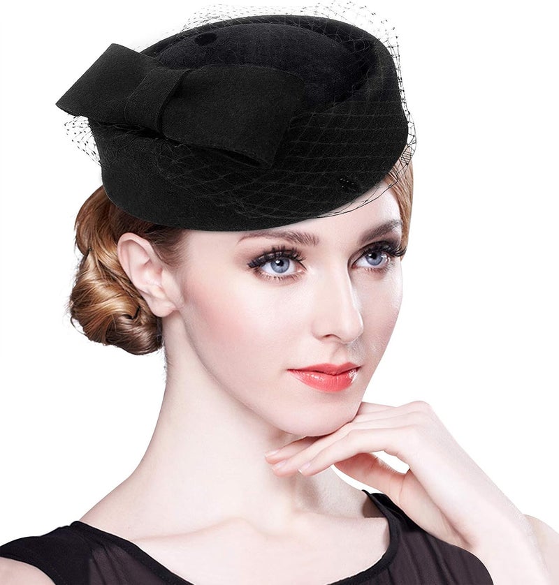 ZX British Vintage Wool Felt Pillbox Hat Ladies Church Derby Winter Fascinator Hat Veil Flower Fedoras - Image 1