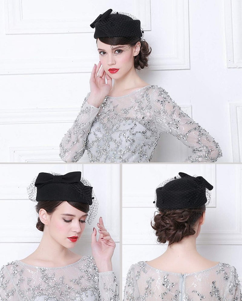 ZX British Vintage Wool Felt Pillbox Hat Ladies Church Derby Winter Fascinator Hat Veil Flower Fedoras - Image 3