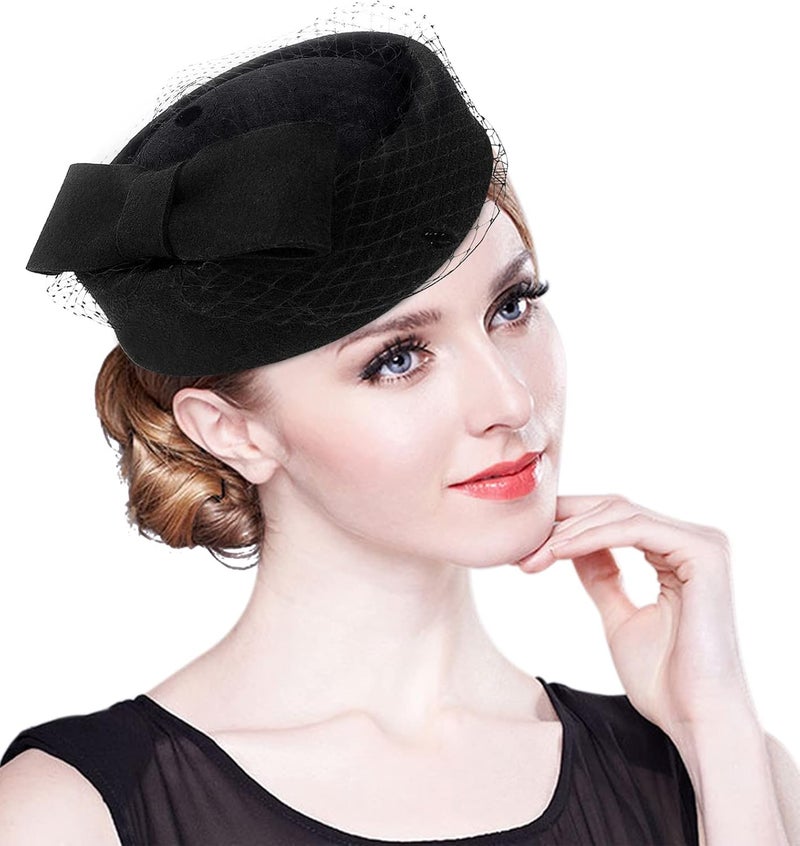 ZX British Vintage Wool Felt Pillbox Hat Ladies Church Derby Winter Fascinator Hat Veil Flower Fedoras - Image 5