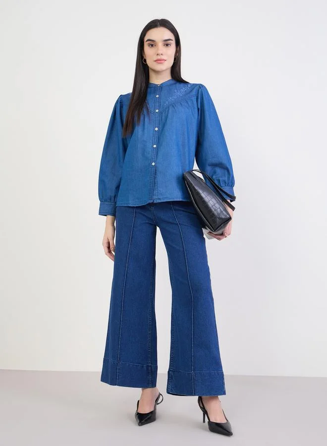 Styli Blue Embroidered Relaxed Fit Denim Shirt