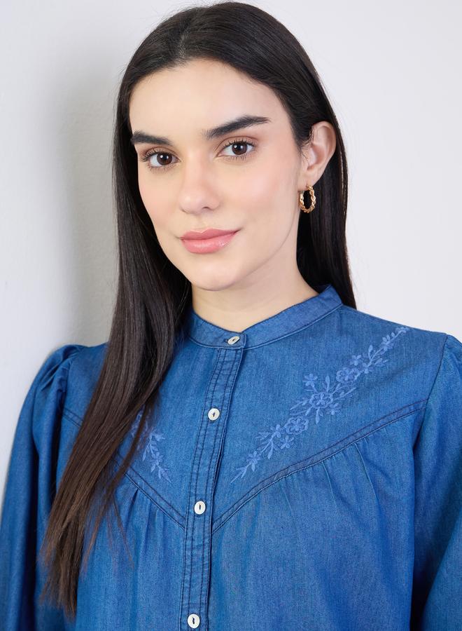 Styli Blue Embroidered Relaxed Fit Denim Shirt - Image 4