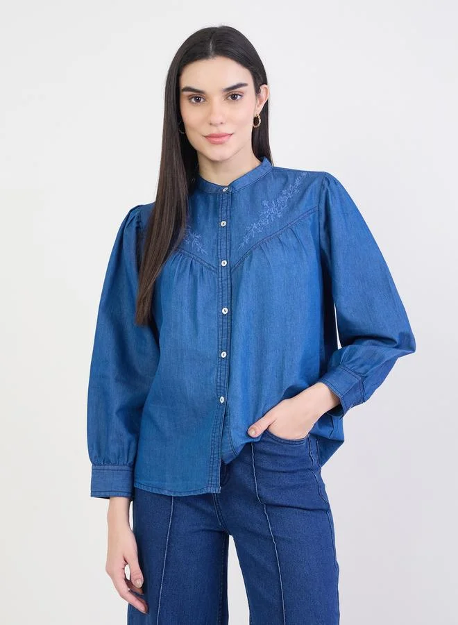 Styli Blue Embroidered Relaxed Fit Denim Shirt