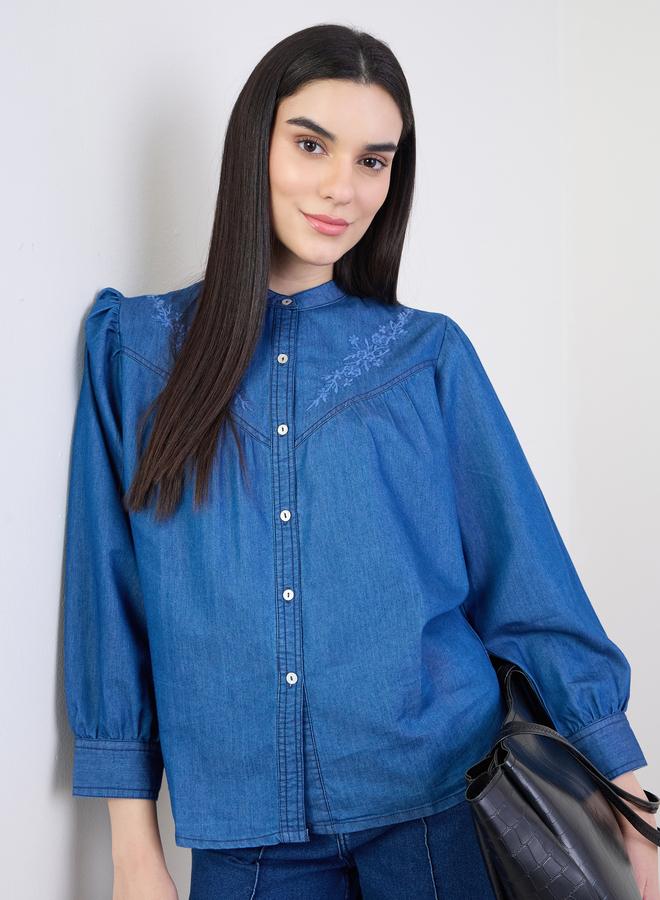 Styli Blue Embroidered Relaxed Fit Denim Shirt - Image 3