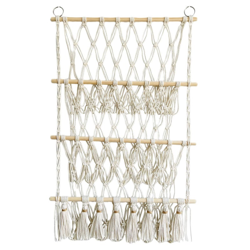 Storage Rack simple decoration children's room book decoration wooden stick 3-layer plush bohemian toy storage net pocket(Wooden stick woven storage net pocket: 3 layers C type, See Size Chart) - Image 1