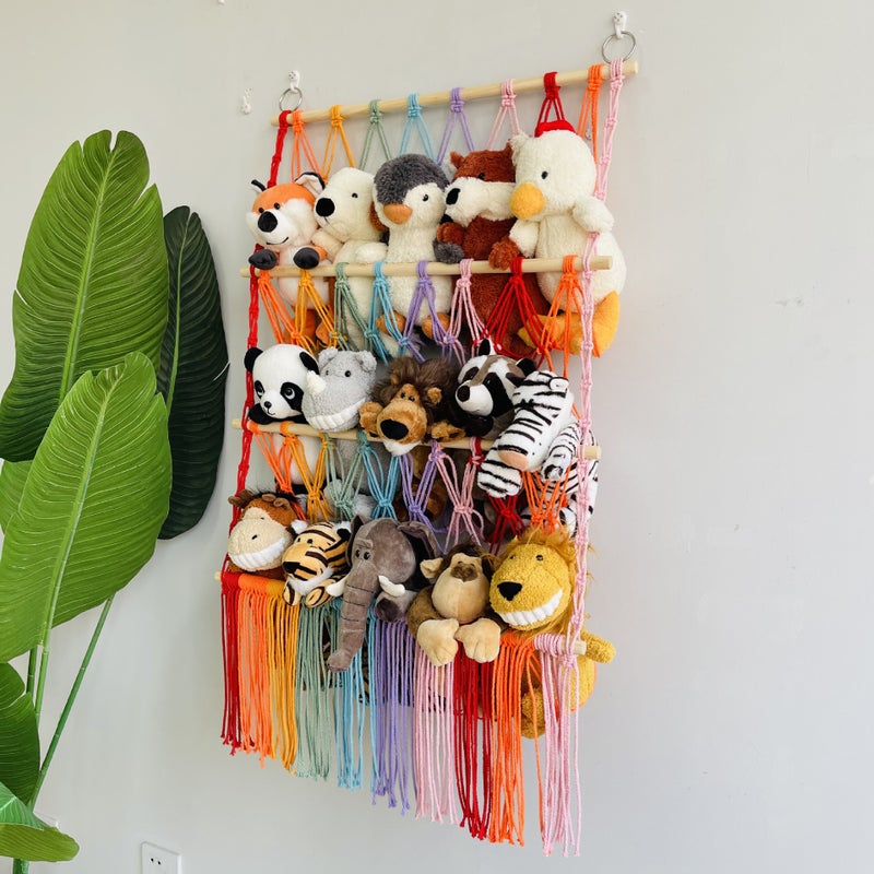Storage Rack simple decoration children's room book decoration wooden stick 3-layer plush bohemian toy storage net pocket(Wooden stick woven storage net pocket: 3 layers C type, See Size Chart) - Image 4