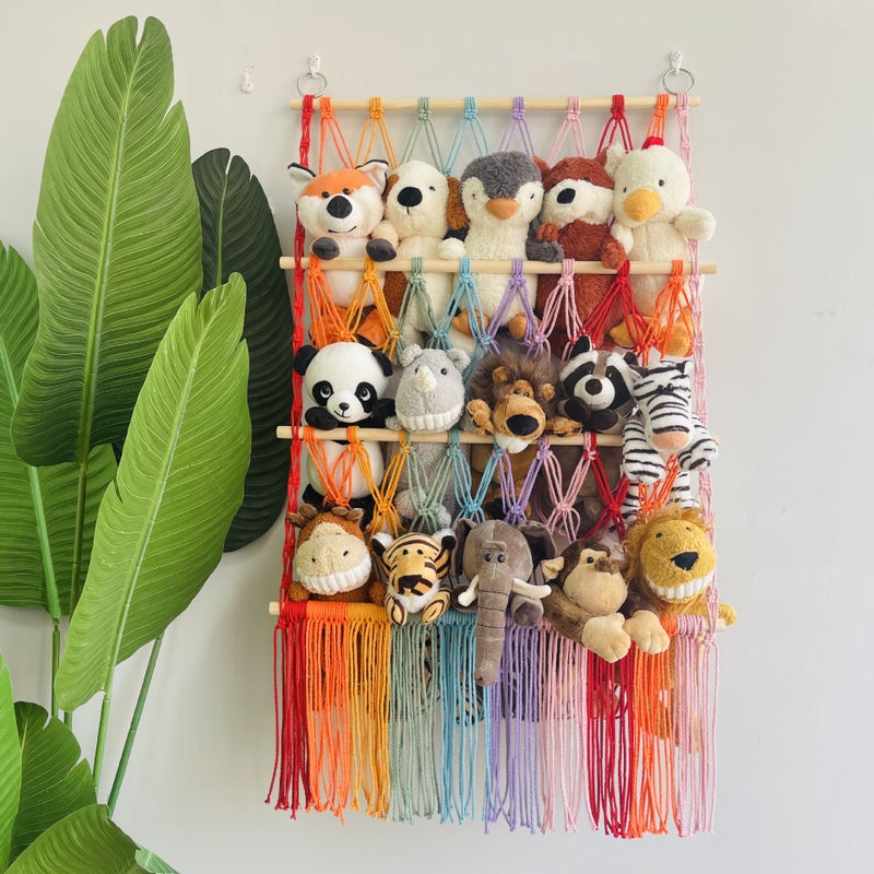 Storage Rack simple decoration children's room book decoration wooden stick 3-layer plush bohemian toy storage net pocket(Wooden stick woven storage net pocket: 3 layers C type, See Size Chart) - Image 3