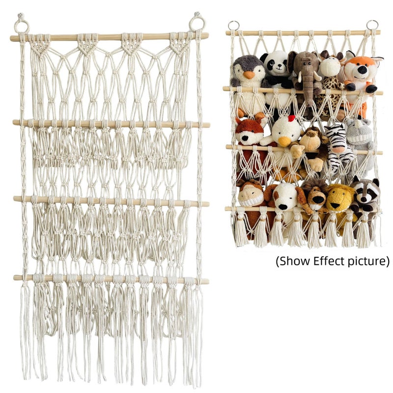 Storage Rack simple decoration children's room book decoration wooden stick 3-layer plush bohemian toy storage net pocket(Wooden stick woven storage net pocket: 3 layers C type, See Size Chart) - Image 2