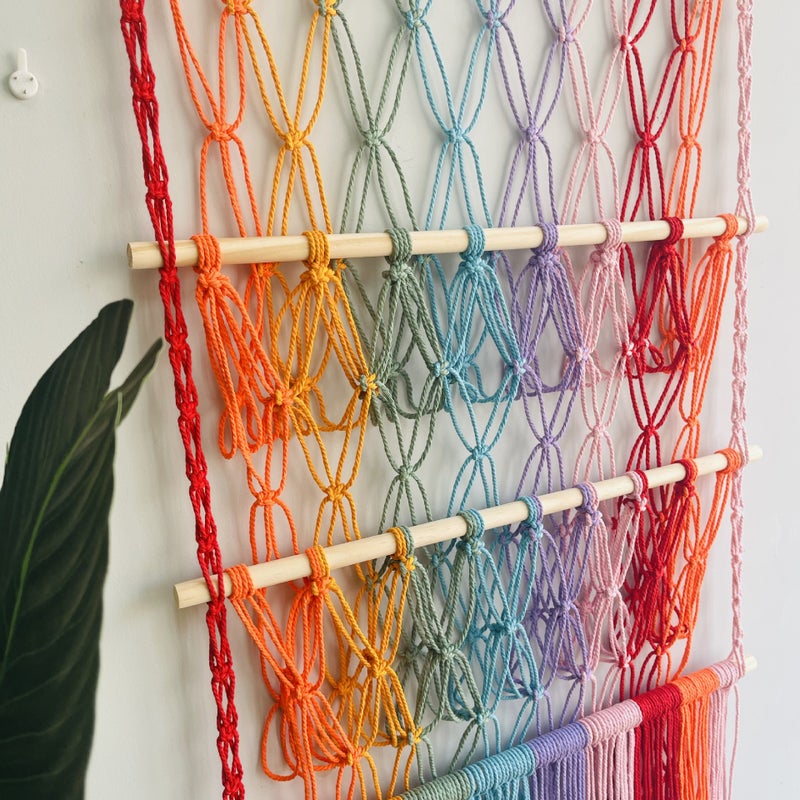 Storage Rack simple decoration children's room book decoration wooden stick 3-layer plush bohemian toy storage net pocket(Wooden stick woven storage net pocket: 3 layers C type, See Size Chart) - Image 5