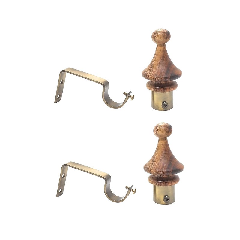 FAPBADRI Wood Curtain Finials with Antique Gold Base for any 1 inches Curtain Rod for Doors and Windows Set 2 pcs Finial and 2 pcs Support - Image 1