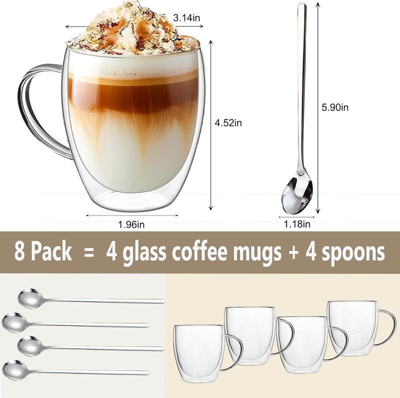 DINGPAI DINGPAl 4 Pack Double Wall Glass Coffee Mugs, 12 oz Walled Insulated Cappuccino Mug Heat Resistant Borosilicate Glass Coffee Cups with Handle and Spoon for Latte, Espresso, Americano, Hot/Cold Drink - Image 2