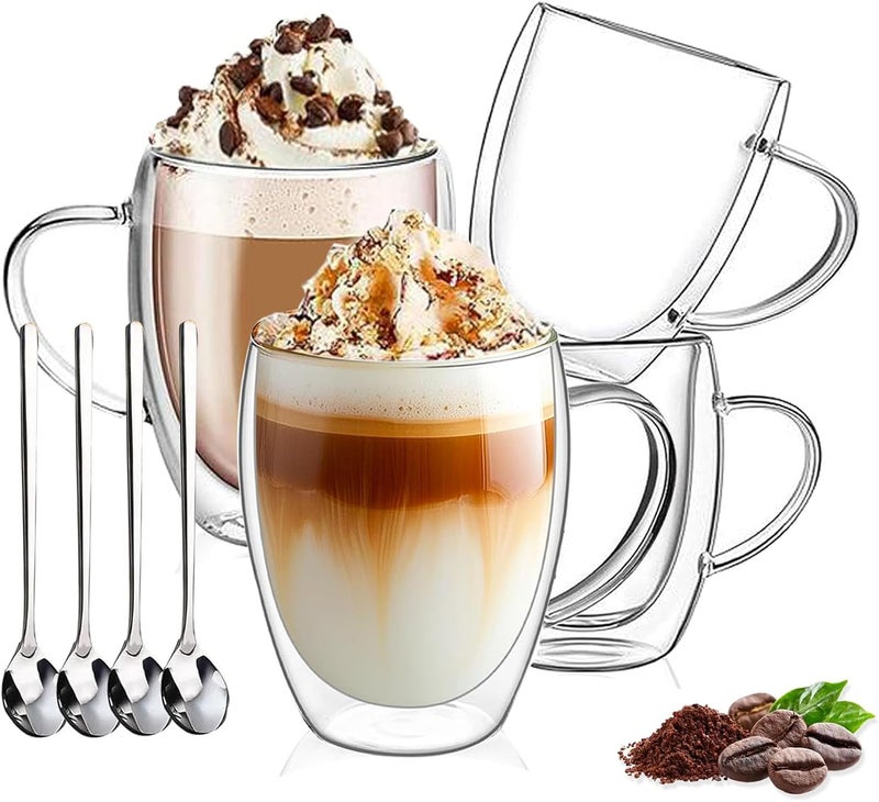 DINGPAI DINGPAl 4 Pack Double Wall Glass Coffee Mugs, 12 oz Walled Insulated Cappuccino Mug Heat Resistant Borosilicate Glass Coffee Cups with Handle and Spoon for Latte, Espresso, Americano, Hot/Cold Drink - Image 1