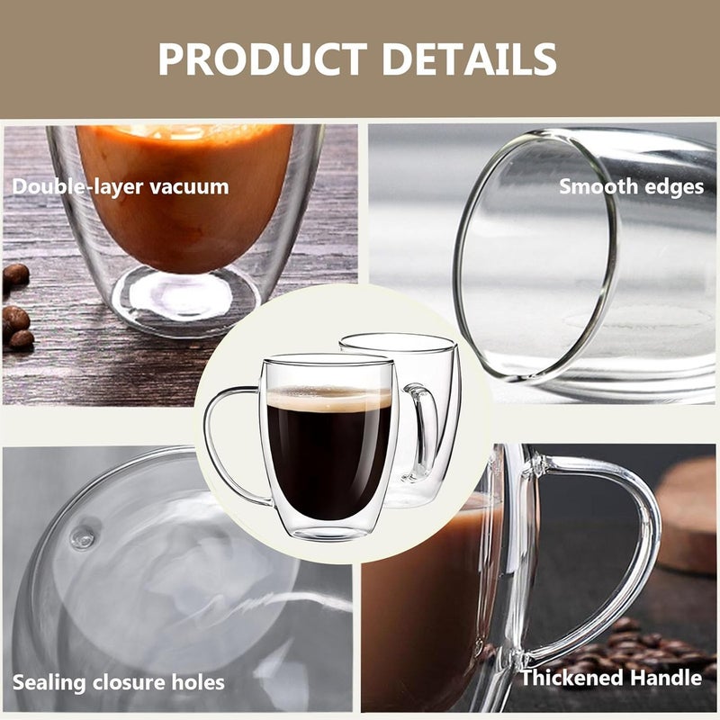 DINGPAI DINGPAl 4 Pack Double Wall Glass Coffee Mugs, 12 oz Walled Insulated Cappuccino Mug Heat Resistant Borosilicate Glass Coffee Cups with Handle and Spoon for Latte, Espresso, Americano, Hot/Cold Drink - Image 3