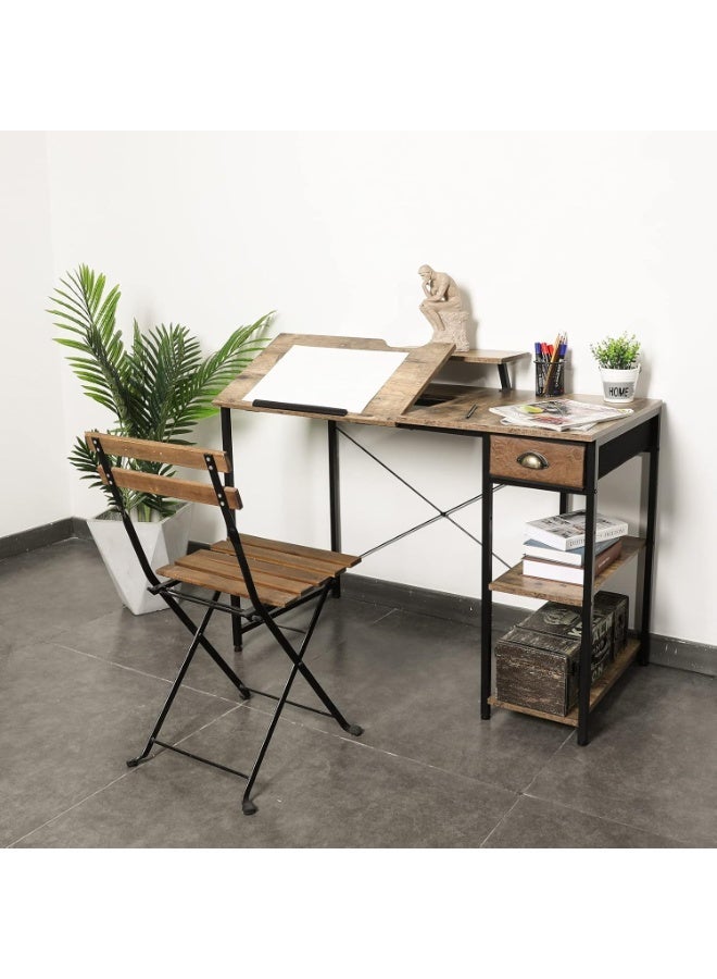 أوبتيا طاولة رسم مع أرفف تخزين ودرج، مكتب فني قابل للتعديل مقاس 43 بوصة مع حامل شاشة للكمبيوتر المكتبي المنزلي، طاولة رسم قابلة للإمالة للفنانين، الدراسة، محطة عمل الكتابة - Image 3