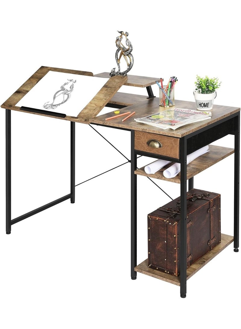 أوبتيا طاولة رسم مع أرفف تخزين ودرج، مكتب فني قابل للتعديل مقاس 43 بوصة مع حامل شاشة للكمبيوتر المكتبي المنزلي، طاولة رسم قابلة للإمالة للفنانين، الدراسة، محطة عمل الكتابة - Image 1
