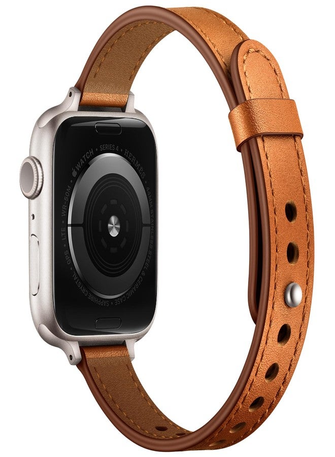 أساور OUHENG Slim متوافقة مع سوار ساعة Apple Watch مقاس 42 مم، 41 مم، 40 مم، 38 مم، سوار بديل رفيع من الجلد الطبيعي للنساء لساعة iWatch SE 3/2/1 Series 11 10 9 8 7 6 5 4 3 2 1 (بني/مرصع بالنجوم) - Image 2