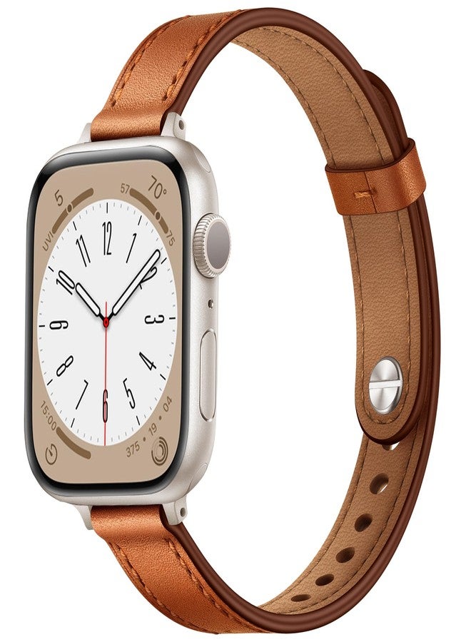 أساور OUHENG Slim متوافقة مع سوار ساعة Apple Watch مقاس 42 مم، 41 مم، 40 مم، 38 مم، سوار بديل رفيع من الجلد الطبيعي للنساء لساعة iWatch SE 3/2/1 Series 11 10 9 8 7 6 5 4 3 2 1 (بني/مرصع بالنجوم) - Image 1