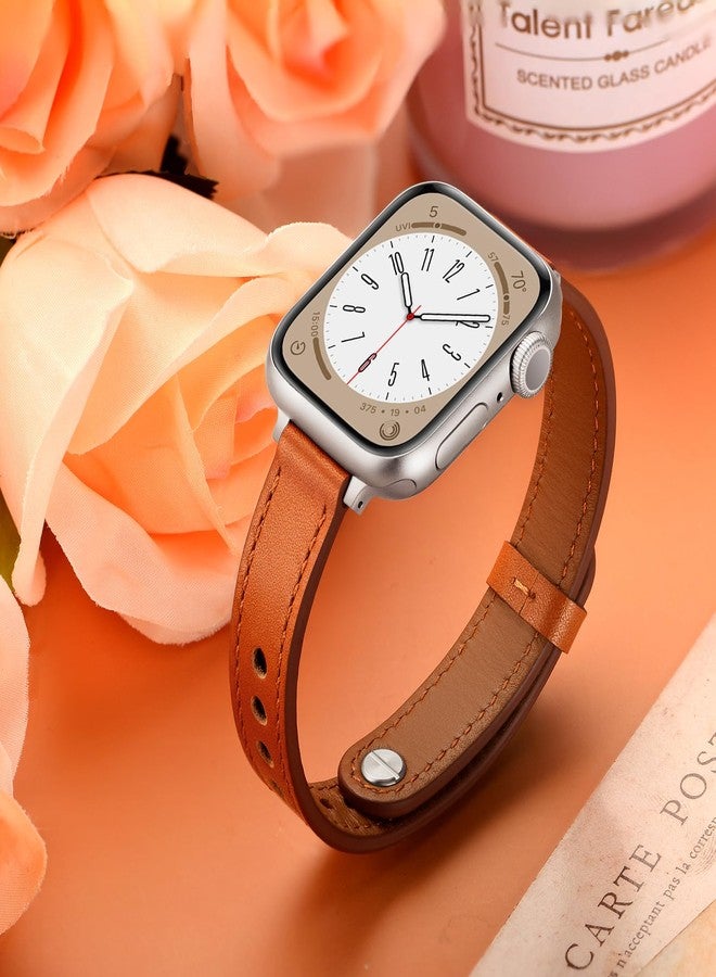 أساور OUHENG Slim متوافقة مع سوار ساعة Apple Watch مقاس 42 مم، 41 مم، 40 مم، 38 مم، سوار بديل رفيع من الجلد الطبيعي للنساء لساعة iWatch SE 3/2/1 Series 11 10 9 8 7 6 5 4 3 2 1 (بني/مرصع بالنجوم) - Image 5