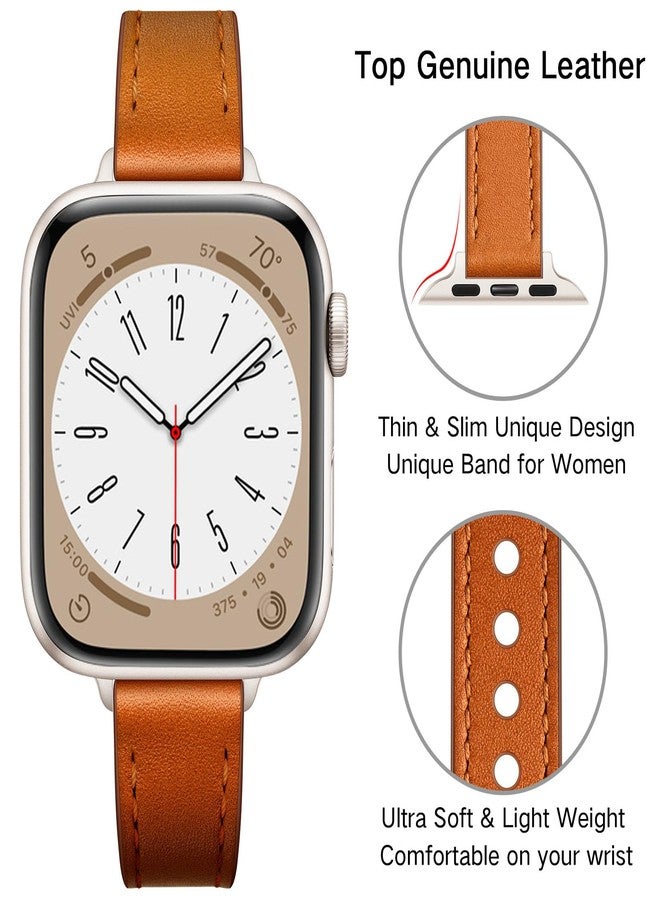 أساور OUHENG Slim متوافقة مع سوار ساعة Apple Watch مقاس 42 مم، 41 مم، 40 مم، 38 مم، سوار بديل رفيع من الجلد الطبيعي للنساء لساعة iWatch SE 3/2/1 Series 11 10 9 8 7 6 5 4 3 2 1 (بني/مرصع بالنجوم) - Image 3