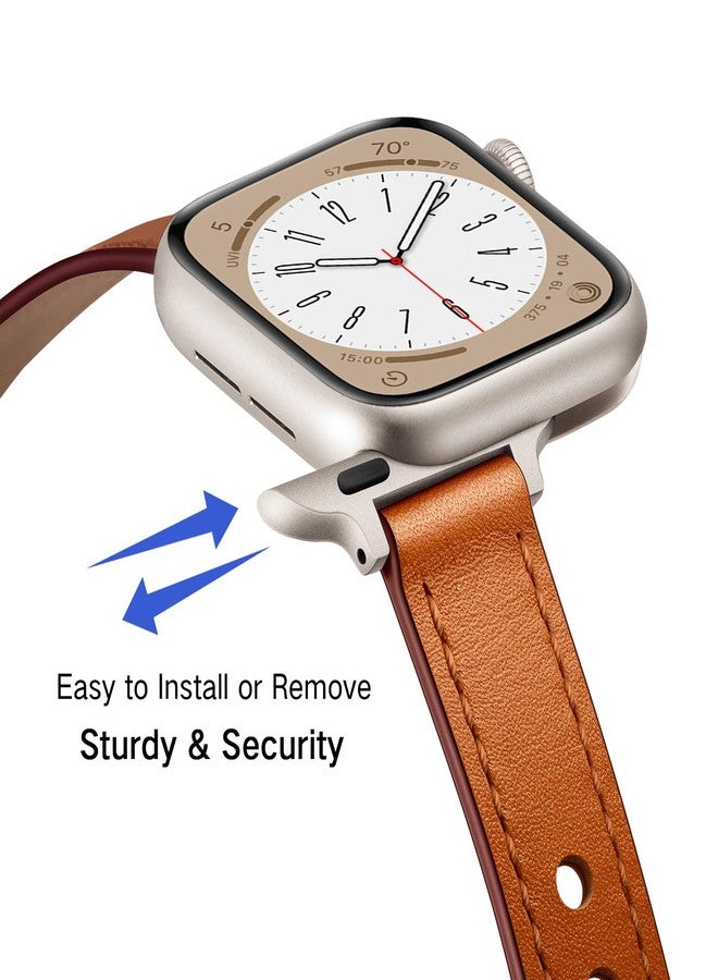 أساور OUHENG Slim متوافقة مع سوار ساعة Apple Watch مقاس 42 مم، 41 مم، 40 مم، 38 مم، سوار بديل رفيع من الجلد الطبيعي للنساء لساعة iWatch SE 3/2/1 Series 11 10 9 8 7 6 5 4 3 2 1 (بني/مرصع بالنجوم) - Image 4